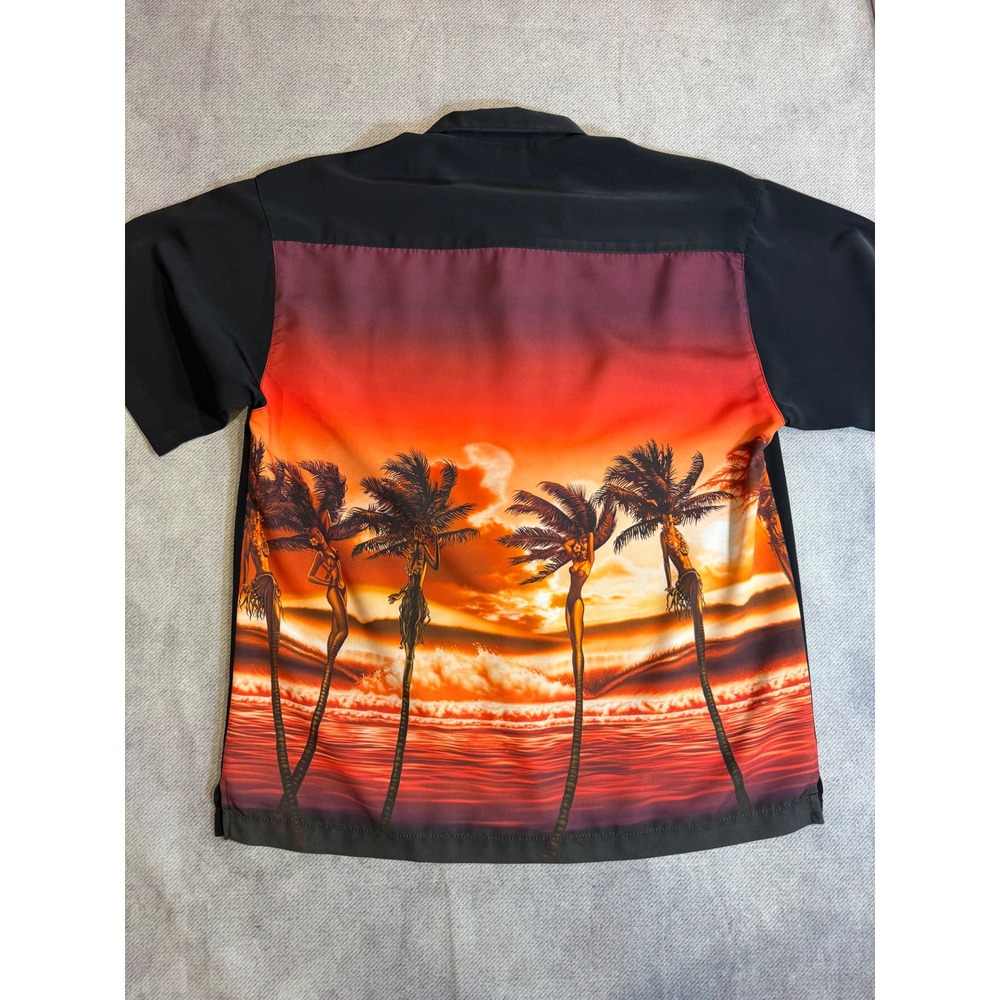 Rietveld USA Mens Sunset Hula Graphic Button Down Shirt Black M Short Sleeve